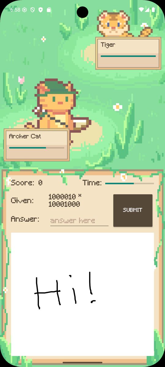 CSArchers quiz: an archer cat faces a tiger above a binary multiplication question with a timer and a handwriting pad