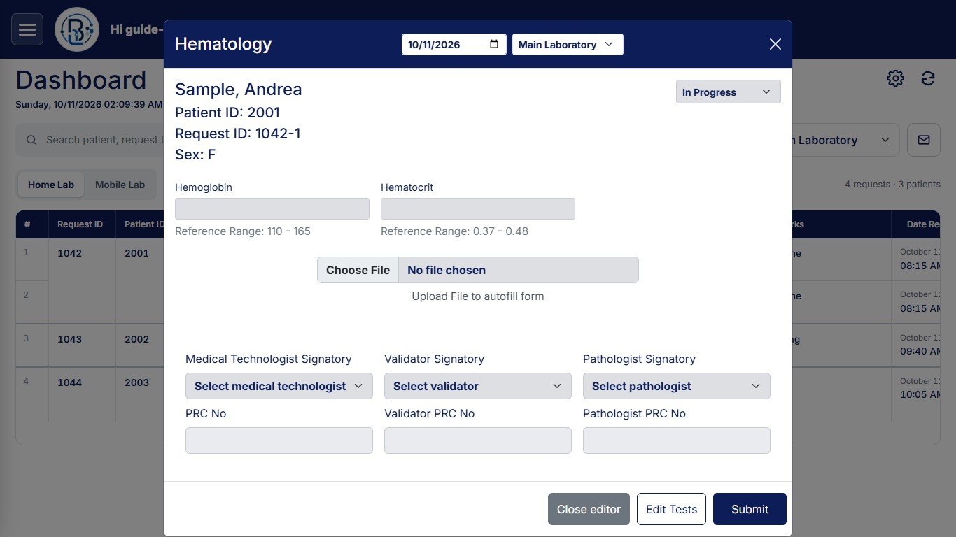 BioLink LIS result entry for a hematology request, with reference ranges and medical technologist, validator and pathologist signatories