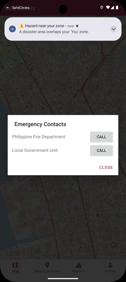 SafeCircles alert that a hazard is near your zone, with emergency contacts to call