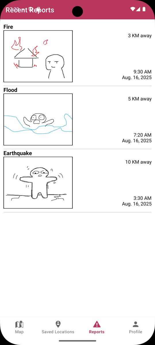 SafeCircles recent reports of a fire, a flood and an earthquake with distance and time