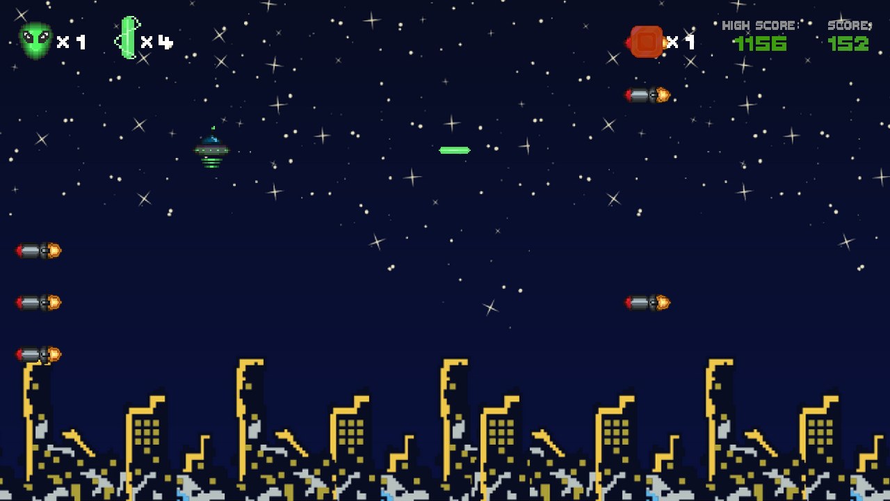 UFO NO! gameplay: a laser power-up fires across a starry sky
